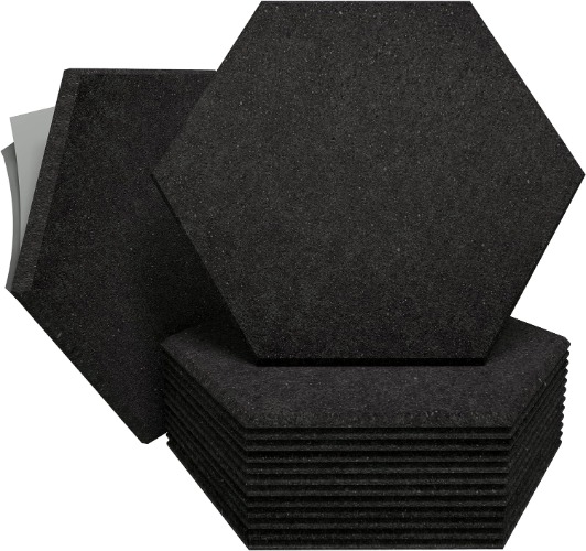 Hexagon Acoustic Panels for Sound Absorption - 12 Pack Self Adhesive Sound Panels - Eco Friendly Acoustic Treatment for Sound Dampening (Black) - Black