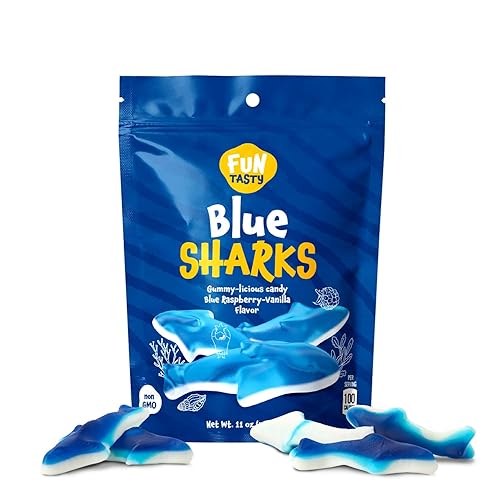 Funtasty Blue Sharks Gummy Candy, Blue Raspberry Marshmallow Flavor - 11-Ounce Bag