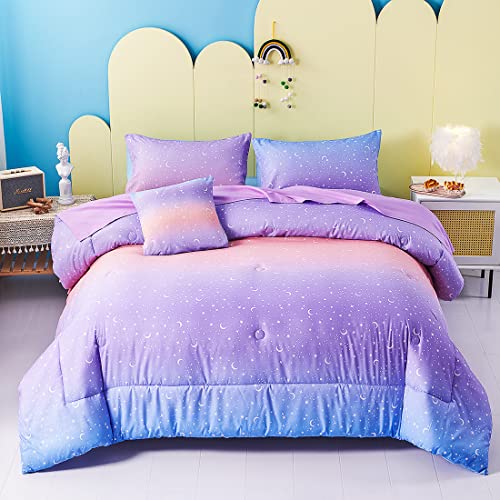 URBONUR Girls Comforter Set Queen 6PCS Gradient Purple Orange Glitter Moon Star Printed Bed in a Bag Soft Breathable Bedding Set for All Season (Star, Queen Size) - Queen(6pcs) - Moon Star