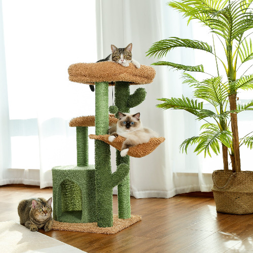 Cactus Cat Tree Cat Tower with Sisal Covered Scratching Post, Cozy Condo, Plush Perches and Fluffy Balls for Indoor Cats XH