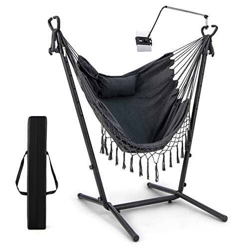 RELAX4LIFE Hammock Chair with Stand and Phone Holder, 6 Height Adjustable Swing Chair with Handy Pocket and Humanized Pillow, Garden Tassels Hanging Seat for Balcony Yard Poolside