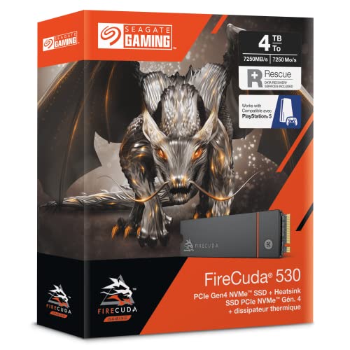 Seagate FireCuda 530, 4 TB, Internal Solid State Drive - M.2 PCIe Gen4 ×4 NVMe 1.4, transfer speeds up to 7300 MB/s, 3D TLC NAND, 5100 TBW, Heatsink, 3 year Rescue Services (ZP4000GM3A023) - PC/PS5 - 530 Serie - Gen 4 Heatsink - 4 TB