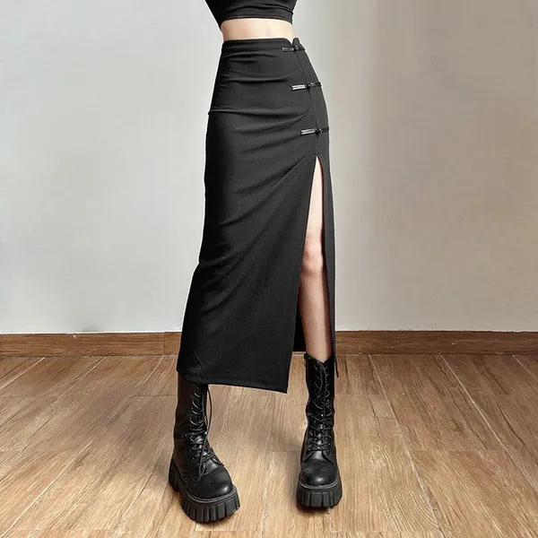 Leg Split High Rise Midi Black Skirt / Streetwear / Gothic / Grunge / Punkwear
