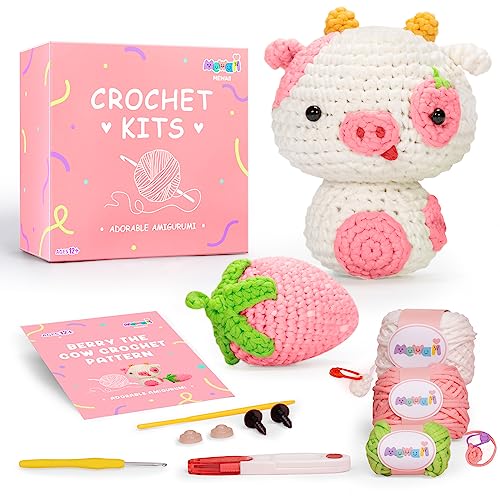 Mewaii Crochet Kit for Beginners, Complete DIY Kit Animals with 40%+ Pre-Started Tape Yarn Step-by-Step Video Tutorials for Adults Kids (Strawberry Cow) - Strawberry Cow
