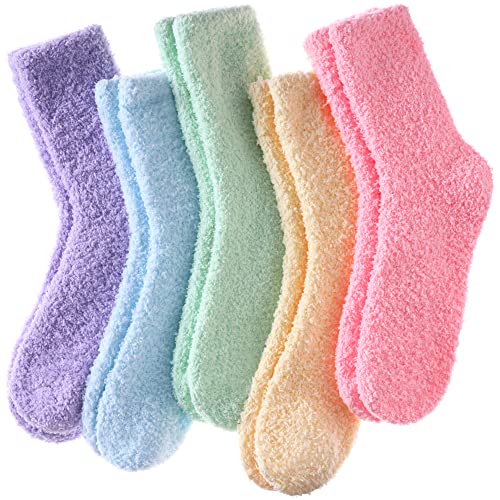 LINEMIN Womens Fuzzy Socks Cozy Fluffy Winter Warm Slipper Socks Microfiber Soft Home Sleeping Socks - One Size - 5 Pack Soild Color B