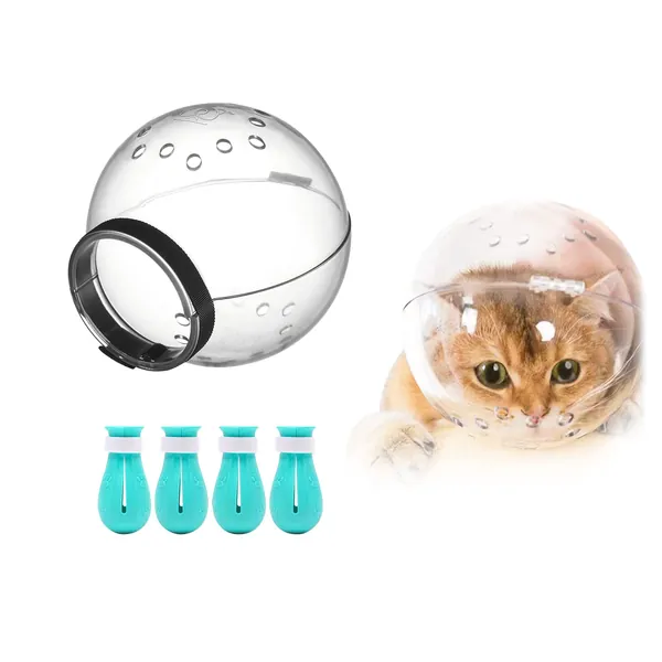 Cat Muzzle and Boots,Helmet for Grooming,Adjustable Hood Bubble Muzzle, Breathable Anti Bite Air Muzzles,Silicone Claw Covers, Anti-Scratch Shoes,Paw Protector for Bathing