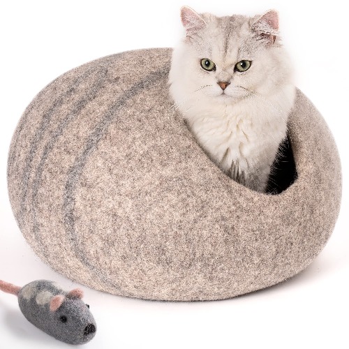 Cat Cave Bed -Handmade Wool Cat Bed Cave , Eco-Friendly Cat Bed Cat House, Felt Cat Caves for Indoor Cats and Kittens (Grey/White) - Grey/White