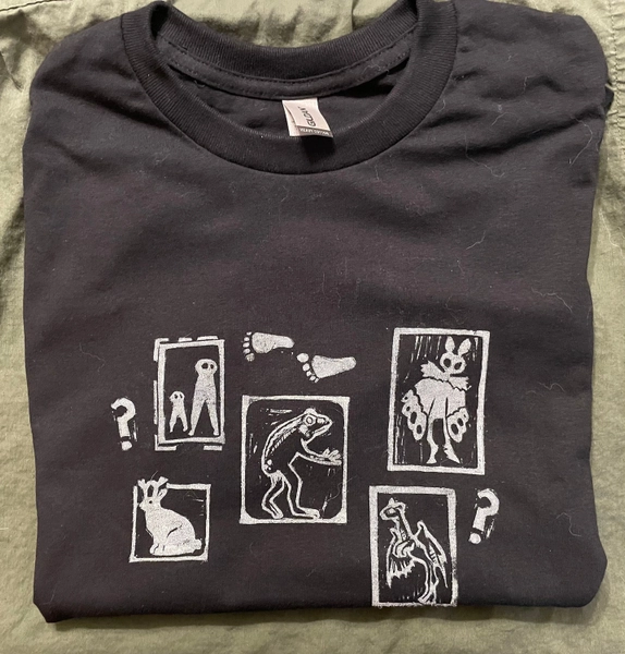Cryptid Linoprint T-shirt - mothman, loveland frogman, fresno night crawlers, jersey devil, jackalope