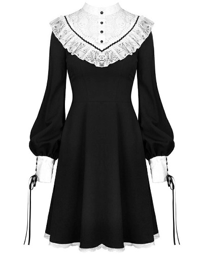 Dark In Love Mini Robe gothique Noir Blanc Floral Crâne Dentelle Victorienne Steampunk Sorcière Occulte Sorcière Sabrina Vintage DW355