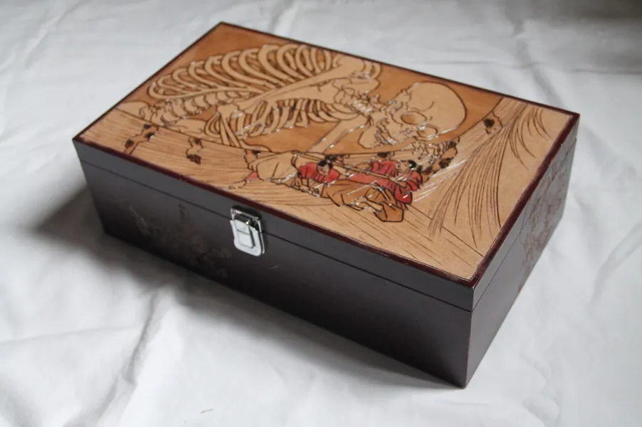 Vintage wooden box, carved with Japanese yokai
