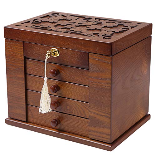 Changsuo Boîte à bijoux en bois pour femme - Boîte de rangement en bois massif avec serrure à combinaison pour bijoux, montres, colliers, bagues (marron foncé) - Marron Foncé