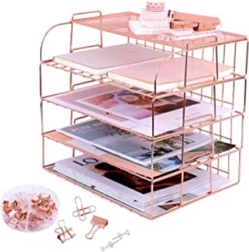Rose Gold Desk Organizer, 4 Tier Paper Organizers for Office Stackable Letter Tray with Binder Clips, Paper Clips and Push Pins(Rose Gold) - Rose Gold