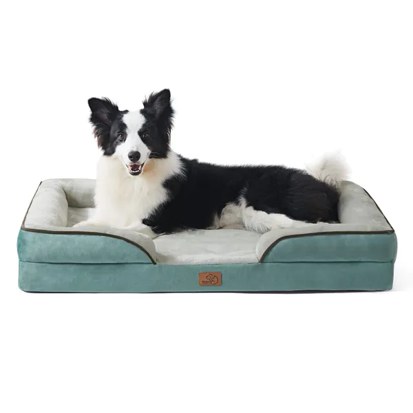 Bedsure Orthopedic Dog Bed, Bolster Dog Beds for Medium/Large/Extra Large Dogs - Foam Sofa with Removable Washable Cover, Waterproof Lining and Nonskid Bottom Couch - XL（42x32x7"） Washed Blue
