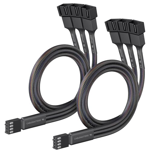 Cable Matters 2-Pack 3 Way 4 Pin PWM Fan Splitter Cable 12 Inches, PC Fan Splitter 1 to 3 Converter, PC Fan Extension Cable