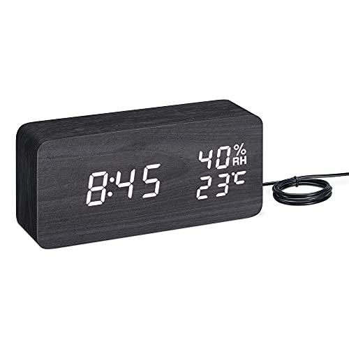 Navaris Design LED Digitalwecker in Holzoptik - mit Temperaturanzeige Hygrometer Datumsanzeige 3 Alarmzeiten - Wecker Uhr digital - schwarz-weiß