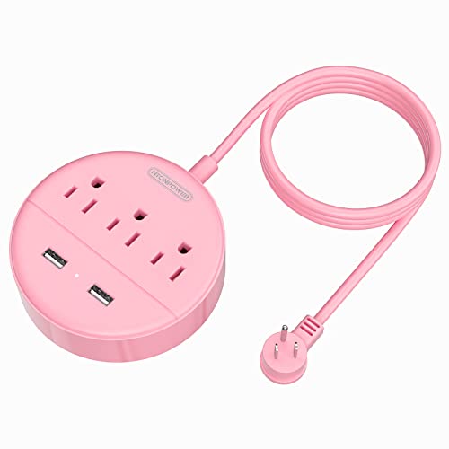 10 ft Long Extension Cord Power Strip with USB, NTONPOWER Pink Charging Station with 3 Outlet and 2 USB, Travel Power Strip Flat Plug, Wall Mount for Home Office Dorm Room and Cruise Ship, ETL Listed - 10 FT Cord - Rose Pink