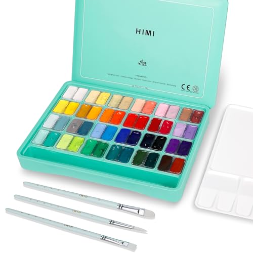 HIMI Gouache Paint Set, Twin Cup 48 Colors x 12ml/0.4oz with 3 Brushes & a Palette, Non-Toxic, Jelly Guache Paint for Canvas and Watercolor Paper - Perfect for Beginners, Students, Artists - 48colors
