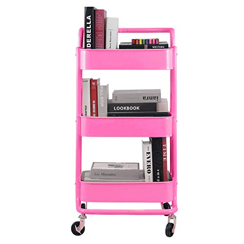 3-Tier Metal Mesh Rolling Cart Storage Organizer with Utility Handle and Wheels, Turquoise - A- Pink