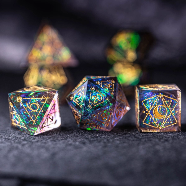Full Set Handmade Resin Sharp Edge Dice Polyhedral Dice Set  Set  -  Dungeons and Dragons  Dark Glitter Astrology Style