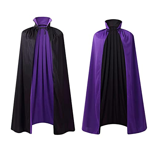 Stand Collar with Hood Reversible Cloak Masquerade Cape Costume, Black and Red - 55"/140cm - Black and Purple