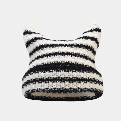 Harajuku Little Devil Striped Knitted Beanie with Cat Ears - Black white striped / head 56-59cm