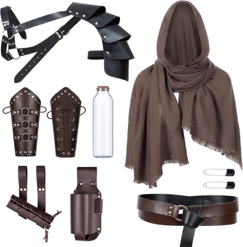 Medieval Knight Leather Belt Shawl Men Renaissance Half Shoulder Cape Scarf Buckle Bracers Retro Magic Cork Potion Bottle Sword Frog Accessories(Type6) - One Size 1type-6