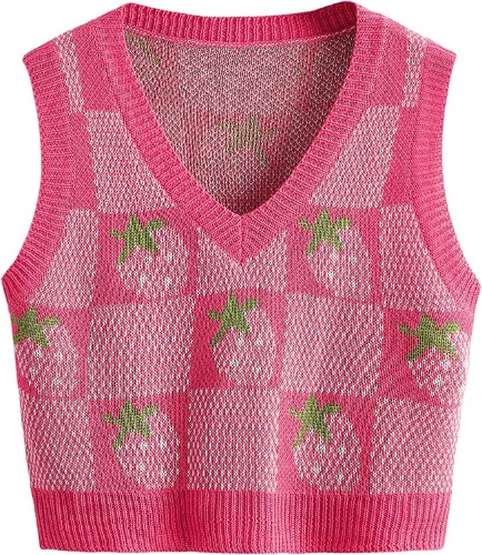 Floerns Women's Sleeveless Round Neck Cute Strawberry Sweater Vest Crop Shirt Top