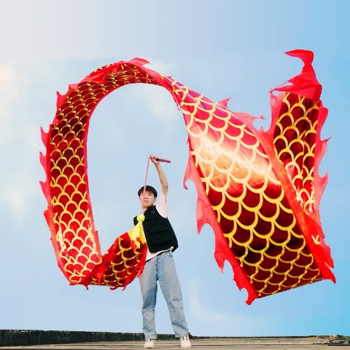 DSJUGGLING 3D Dragon Poi with 340g Weighted Ball & 1.1 Meters Swing Rope - Silk Flowy Shaking & Flinging Chinese Golden Dragon Ribbon Streamer + Travel Bag! (6 Meters (19.6 FT), Golden Red Dragon) - 6 Meters (19.6 FT) Golden Red Dragon