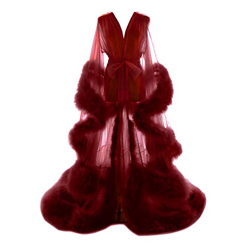 FangJian Old Hollywood Feather Robe for Women Long Lingerie Tulle Bathrobe Wedding Scarf Bridal Robe Maternity Photoshoot - Small - A-burgundy