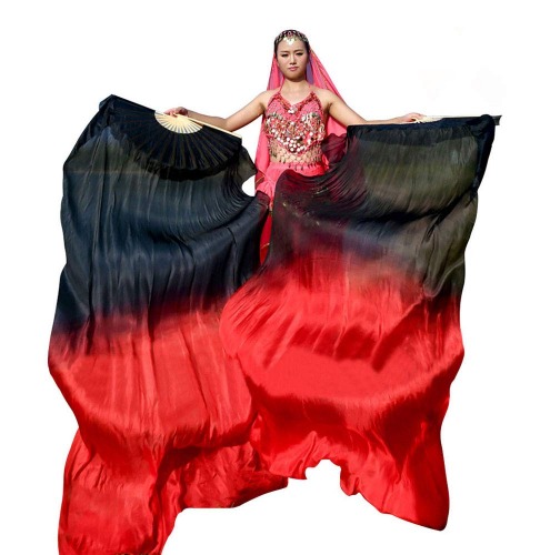 KIKIGOAL 1 Pair(Left+Right) Women Real Silk Belly Dance Fan Veil, Length 180cm Width 90cm - Gradual Blue