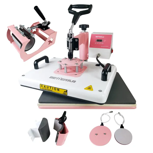 BetterSub Heat Press 12‘’ x15‘’ Combo 5 in 1 Heat Press Machine for T-Shirt Mug Hat Plate Cap Pattern Printing Heat Transfer Digital Industrial-Quality Sublimation Machine 360 Degree Swivel Pink White - 