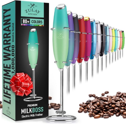 Zulay Original Milk Frother Handheld Foam Maker for Lattes - Whisk Drink Mixer for Coffee, Mini Foamer for Cappuccino, Frappe, Matcha, Hot Chocolate by Milk Boss (Ocean Spray) - Ocean Spray