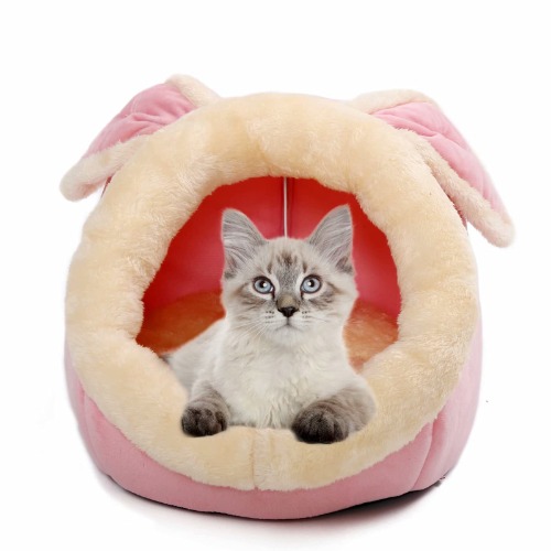 Cat Beds for Indoor Cats - Small Dog Bed with Anti-Slip Bottom, Rabbit-Shaped Cat/Small Dog Cave with Hanging Toy, Puppy Bed with Removable Cotton Pad, Super Soft Calming Pet Sofa Bed (Pink Small)