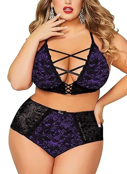 Plus Size Lingerie Set for Women - Sexy Crushed Velvet Mesh Lace Up Exotic Halter Bralette & High Waist Panty