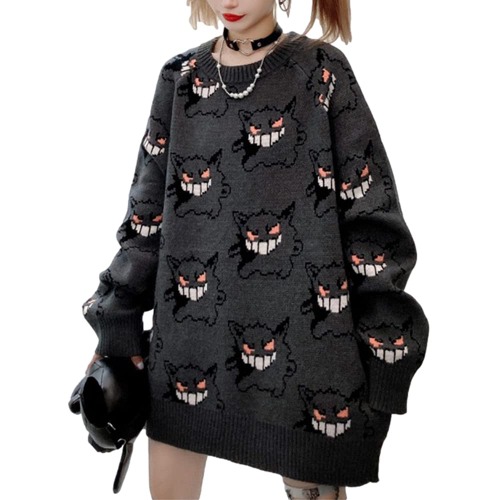 BZB Women's Devil Oversized Sweater Batwing Long Sleeve Sweaters Casual BF Harajuku Gothic Loose Knit Pullover Jumper Tops - Grey X-Large