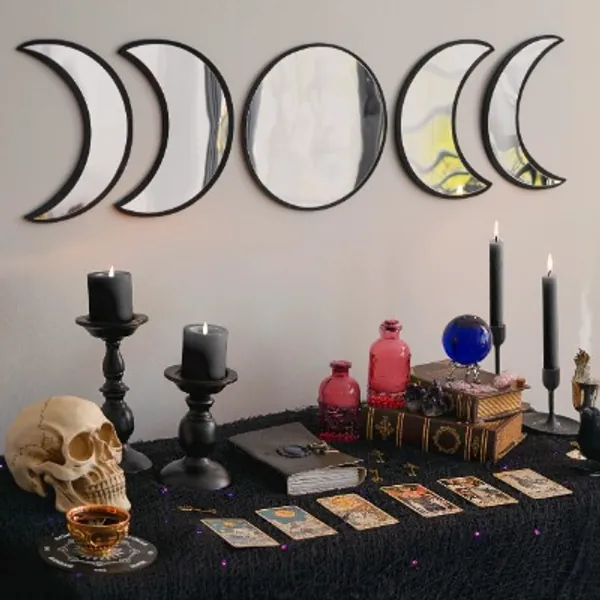 BLACK MAGIC WITCH Moon Phases Acrylic 5 Mirror Set - Natural Scandinavian Decor with Hanging Template - Moveable or Permanent Self-Adhesive - Spiritual Halloween Decoration with Gift Packaging