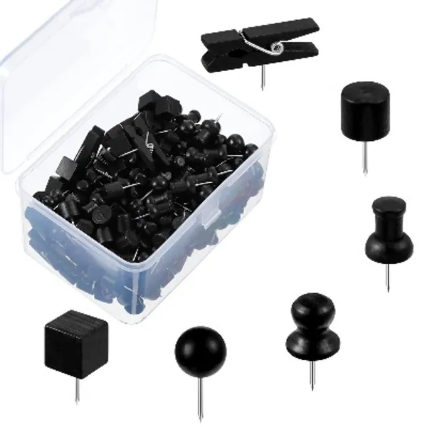 220 Pieces Push Pins Decorative for Cork Board, 6 Types Decorative Thumb Tacks Wooden Head Pin Steel Point Pushpin Wood Map Tacks Marking Pin for Paper Photo Poster Bulletin Accessories (Black)