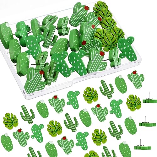 Wooden Push Pins Cactus Palm Leaf Thumb Tack Decorative Cute Pushpins for Photos Wall, Maps, Bulletin Board or Cork Boards (30 Pieces) - 30