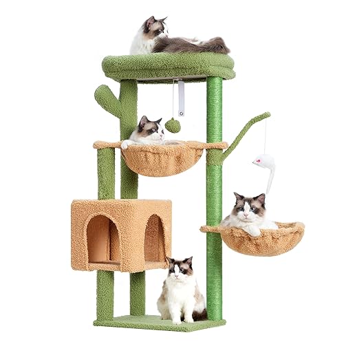 Heybly Cat Tree, 39.4 Inches Cactus Tower Condo with Scratching Post, Cat Tower for Indoor Cats, Fully Wrapped Sisal Pole, Soft Platform, 2 Baskets and Dangling Toy, Green and Yellow HCT006SGY - 39.4 inch - Green and Yollow