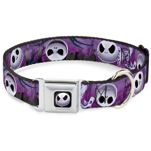 Buckle-Down Seatbelt Buckle Dog Collar - Jack Expressions/Ghosts in Cemetery Purples/Grays/White - 1" Wide - Fits 15-26" Neck - Large - 1" Wide - Fits 15-26" Neck - Large