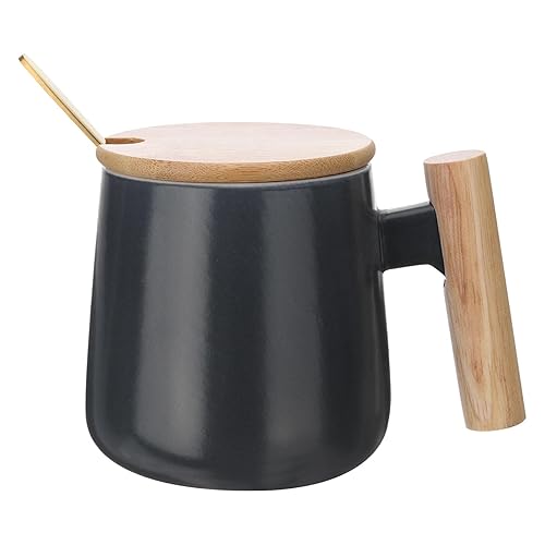 sourcing map Ceramic Coffee Mug 12.85 Oz Simple Wooden Handle Large Tea Cup Handmade Ceramic Mugs Gift Set with Lid and Spoon for Office Kitchen Home and Gifts for Women and Men, Black - Black