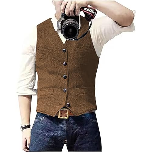 Solovedress Mens Vintage Waistcoat Tweed Wool Regular Fit Suit Vest for Wedding Groomsmen - L - Brown