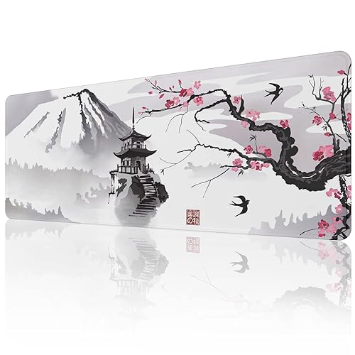 EFISH Japanese Cherry Blossom Mouse Pad (31.5 × 11.8 × 0.12 inch) Extended Large Mouse Mat Desk Pad, Stitched Edges Mousepad,Non-Slip Rubber Base,Keyboard Pad,Gaming Mouse Pad XL - Ink Drawing Mouse Pad - 1
