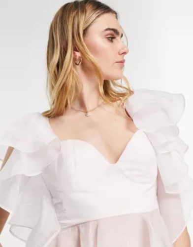 ASOS DESIGN Going Out corset top with organza ruffle sleeve & hem in lilac | ASOS