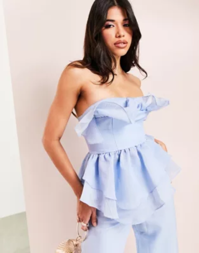 ASOS LUXE bandeau corsetted tiered ruffle top in blue - part of a set