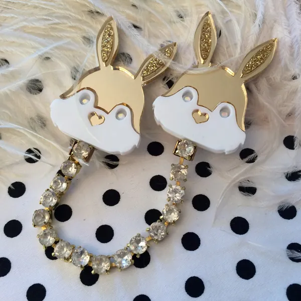 Gold and White Bunny Rabbit Head Collar Clip with Rhinestones, Laser Cut Acrylic, Plastic Jewelry