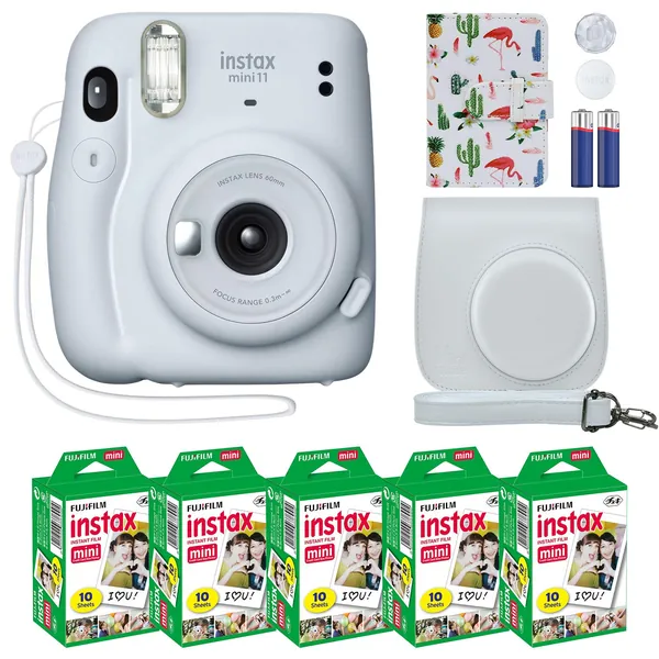 Fujifilm Instax Mini 11 Instant Camera Ice White + MiniMate Accessory Bundle & Compatible Custom Case + Fuji Instax Film Value Pack (50 Sheets) Flamingo Designer Photo Album - Ice White Standard Packaging