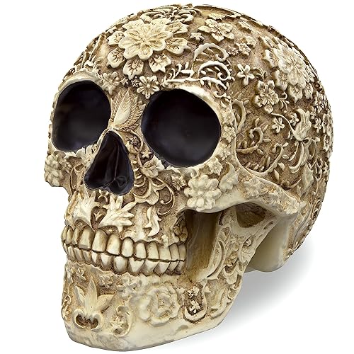 READAEER Life Size Skull Resin Floral Human Skull Model Adult Head Bone Model Day of The Dead Décor - Floral