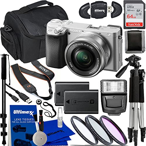 Sony Alpha a6400 Mirrorless Digital Camera (Silver) with 16-50mm Lens & 17pc Must Have Accessory Bundle. Includes: 64GB Memory Card, 1x Seller Replacement Battery, Digital Slave Flash, & More.