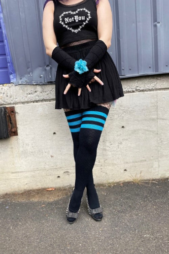 Neon Power Stripe Thigh High Socks | Black with Neon Blue